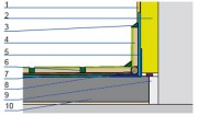 Uszczelnienie styku tarasu ze ścianą: 1 – tynk elewacyjny, 2 – ocieplenie ściany zewnętrznej, 3 – masa silikonowa, 4 – płytki ceramiczne, 5 – taśma uszczelniająca, 6 – spoina elastyczna, 7 – hydroizolacja, 8 – sznur polietylenowy, 9 – dylatacja obwodowa, 10 – płyta dociskowa